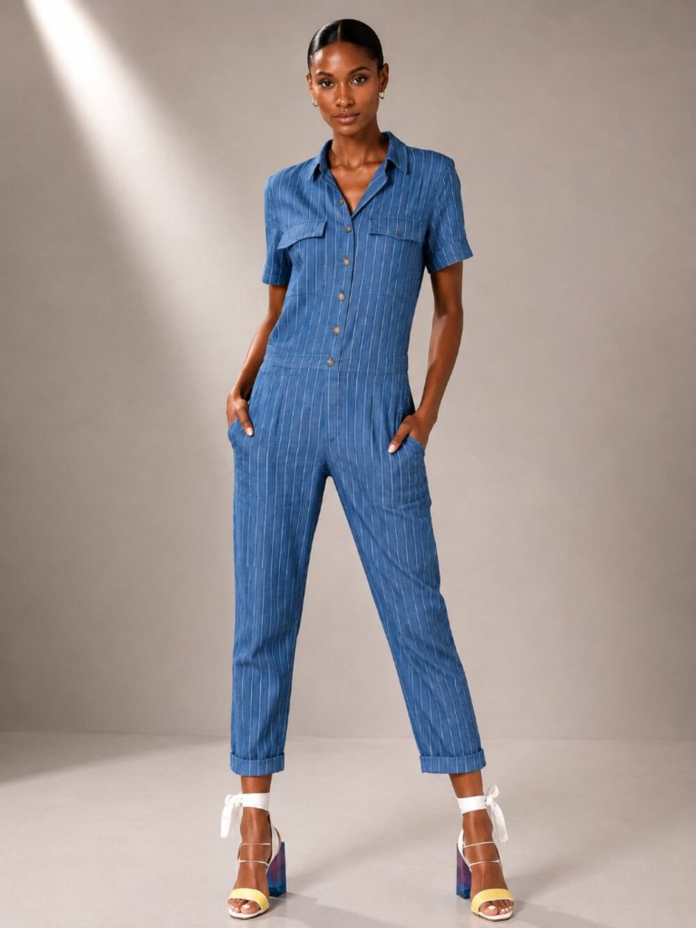 Lou & Grey Juno Blue Stripe Utility Jumpsuit Short Sleeve Cotton Size S NWT